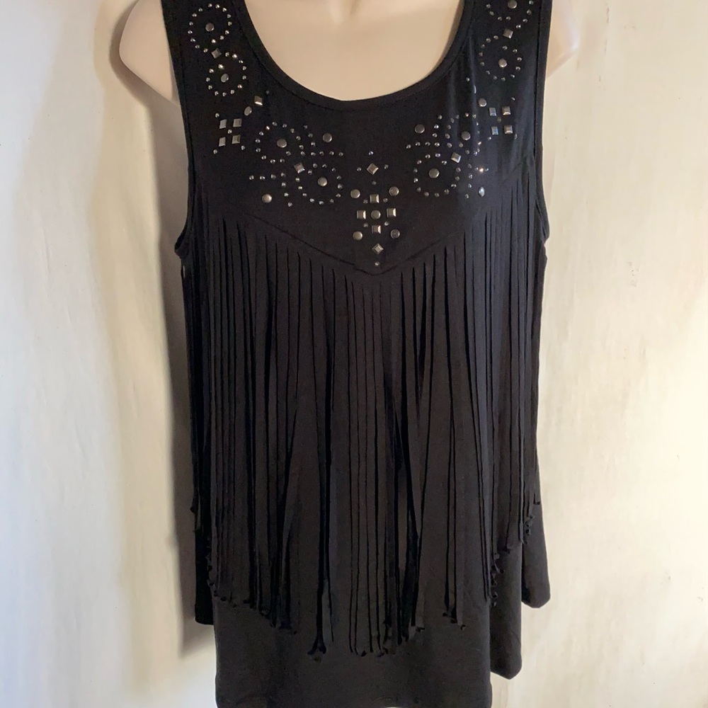 Vocal Deep Black Sleeveless Top, Fringe Front, Round Neckline with Stud Detail - Picture 6 of 11